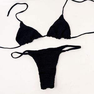 San Lorenzo Black Smocked Brazilian Bikini Tie Large